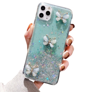For Apple iPhone 12 Pro Green Smart Shockproof Glitter Crystal butterfly Wrist Strap Cover Case