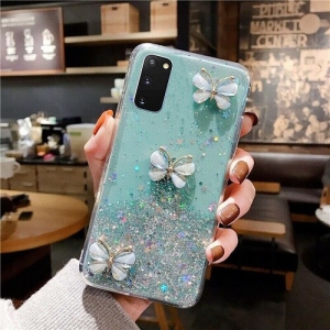 For Samsung Galaxy S20 Case Green Smart Shockproof Glitter Crystal butterfly Wrist Strap Cover Case