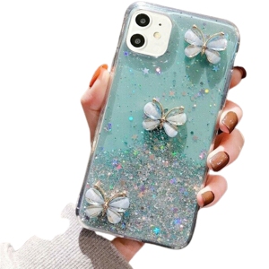 For Apple iPhone 12 Green Smart Shockproof Glitter Crystal butterfly Wrist Strap Cover Case