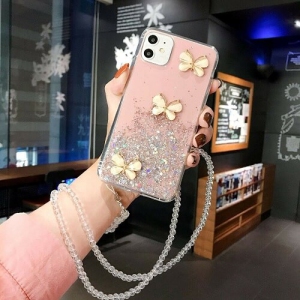 For Apple iPhone 12 Pink Smart Shockproof Glitter Crystal butterfly Wrist Strap Cover Case