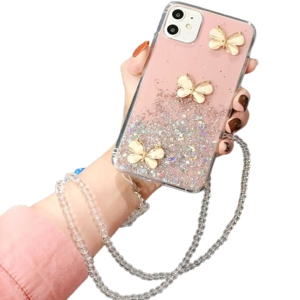 For Apple iPhone 11 Pink Smart Shockproof Glitter Crystal butterfly Wrist Strap Cover Case
