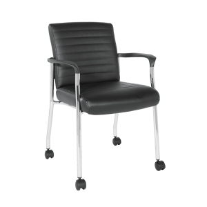 Chaise d'invité en cuir noir faux avec cadre Chrome et roulettes