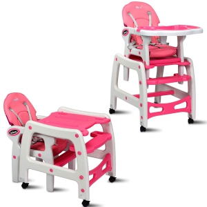 Chaise haute pour bébé 3 en 1 avec dossier réglable et plateaux amovibles Beige/Grey/Rose