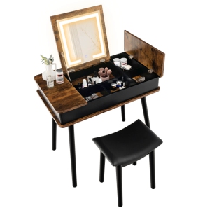 Costway Vanity Table Set w/ Flip Top Mirror Lights USB Port Cushioned Stool Writing Desk