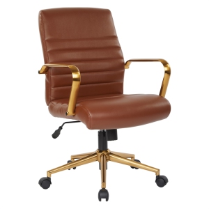 Chaise de bureau en cuir faux brun avec cadre en or