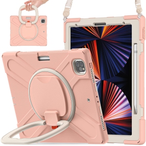 Case for iPad Pro 12.9 M2 6th/5th/4th/3rd Generation, Shockproof Rugged Kids Girls Cover for iPad 12.9 2022/2021/2020 with Pencil Holder Hand Grip Carrying Strap Rotating Stand