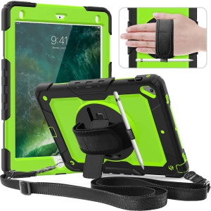Timecity Kids Case for iPad 6th/5th Generation, 9.7 Inch Case with Screen Protector/Rotating Stand/ Hand/Shoulder Strap, Hea
