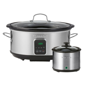 Kenmore Programmable 7 qt (6.6L) Slow Cooker with Dipper Sauce-Warmer, Black and Silver, Stainless Steel, Digital Display, One-Touch Controls.