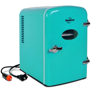 Koolatron 4L Retro Portable Mini Fridge w/ 12V DC and 110V AC Cords, 6 Can Personal Cooler, Aqua