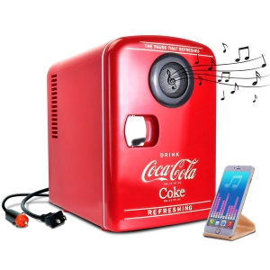 Coca-Cola 4L Portable Cooler/Warmer with Bluetooth Speaker, Compact Personal Fridge with Built-In Wireless Speaker, Includes 12V and AC Cords, Red