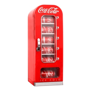 Coca-Cola Retro Vending Machine Style 10 Can Mini Fridge with Display Window, AC/DC Portable Beverage Cooler for Soft Drink Cans, Includes 12V and AC Cords, Red