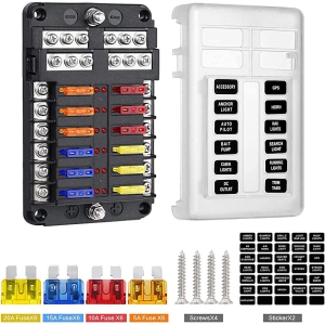 12 Way Fuse Block Waterproof Fuse Panel with LED Warning Indicator Damp-Proof Cover - 12 Circuits with Negative Fuse Box Holder for Car Marine RV Truck DC 12-24V, Fuses Inc