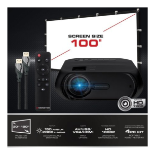 Monster image pro projector with 100 inch portable screen, remote control