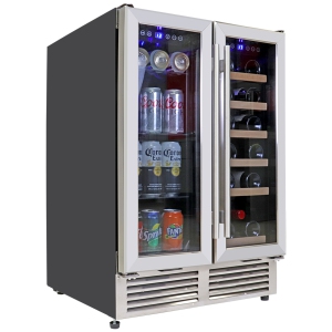 Koolatron 24 In Built-In Under-Counter Dual Zone French Door Wine and Beverage Fridge w/ lock, Digital Temperature Control, Stainless Steel Door Frame Wine Cooler