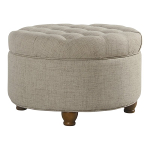 HomePop Round Traditional Wood and Fabric Large Storage Ottoman in Brown