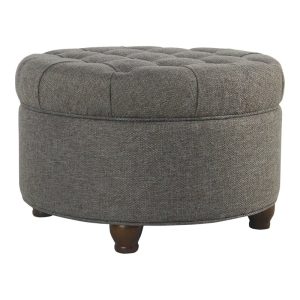 HomePop Round Traditional Wood and Fabric Large Storage Ottoman in Gray