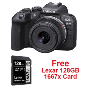 Canon EOS R10 Mirrorless Camera with RF-S 18-45mm STM + 128GB Lexar SD Card. Canon Canada Authorized