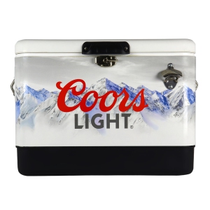 Coors Light Ice Chest Beverage Cooler with Bottle Opener, 51L (54 qt), 85 Can steel-belted Portable Cooler, White and Black, for Camping, Beach, RV, BBQs, Tailgating, Fishing