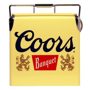 Coors Banquet Retro Ice Chest Cooler with Bottle Opener 13L (14 qt), 18 Can Capacity, Yellow and Silver, Vintage Style Ice Bucket for Camping, Beach, Picnic, RV, BBQs.
