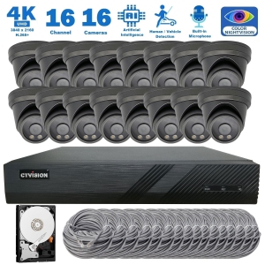 CTVISION Full Color Night Vision 4K Wired Audio Security Camera System, 16 Camera Surveillance Kit Outdoor DIY Audio 2TB HDD Included for Home Business Security Camera System