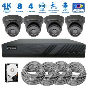 CTVISION Full Color Night Vision 4K Wired Audio Security Camera System, 4 Camera Surveillance Kit Outdoor DIY Audio 2TB HDD Included for Home Business Security Camera System