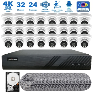 CTVISION Full Color Night Vision 4K Wired Audio Security Camera System, 24 Camera Surveillance Kit Outdoor DIY Audio 8TB HDD Included for Home Business Security Camera System
