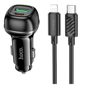 Dual Port (USB & Type C) PD 48W + QC3.0 Fast Charging Car Charger Set & USB-C to Lightning Cable, Black