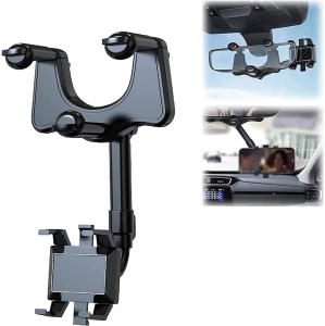 Universal 360 Degree Rotatable & Retractable Car Rearview Mirror Mount Stretch Rod Car Phone Holder for iPhone Samsung Phones