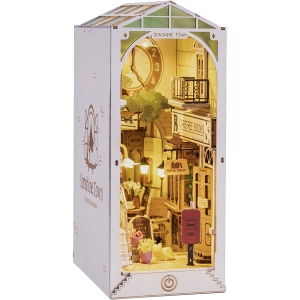 DIY Book Nook Kit Bookend Stand Bookshelf Insert Bookcase Book Stand Miniature House Kit with Sensor Light 3D Wooden Puzzle Model Building Kit - Sunshine Town