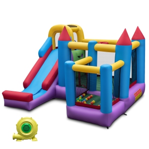 Topbuy Inflatable Bounce House with Slide Large Blow Up Bouncy Castle w/ 2 Jump Area 8ft Long Slide Ball Hoop 50 Ocean Balls Ground Stakes Repair 735W Blower Included