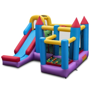 Topbuy Inflatable Bounce House with Slide Large Blow Up Bouncy Castle w/ 2 Jump Area 8ft Long Slide Ball Hoop 50 Ocean Balls Ground Stakes Repair Blower Not Included