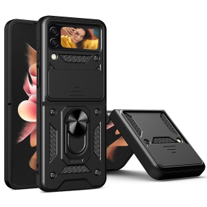 Samsung Galaxy Z Flip 4 Case, with Ring Kickstand and Camera Cover, Shockproof Flip Phone Case for Galaxy Z Flip 4 5G [Support Magnetic Car Mount], Black