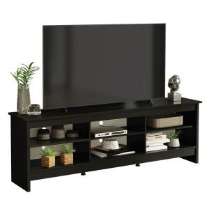 Madesa Media Console TV Stand Entertainment Center with 6 Shelves and Cable Management for 65, 75 Inch Television Living Room and Bedroom Modern Wooden - Black