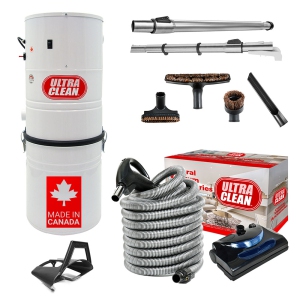 Ultra Clean SC100 Heavy Duty Powerful Central Vacuum System – Made in Canada – with Deluxe Electric Hose, Powerhead and Accessory Package (35 ft, Direct Connect, Black)