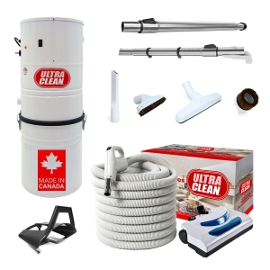 Ultra Clean SC100 Heavy Duty Powerful Central Vacuum System – Made in Canada – with Deluxe Electric Hose, Powerhead and Accessory Package (30 ft, Direct Connect, White)
