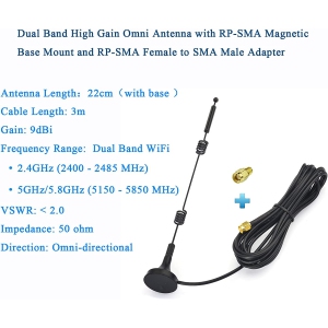 WiFi Antenna Kit Dual Band 2.4GHz 5.8GHz High Gain Omni Antenna with RP-SMA Magnetic Base Mount for Wireless