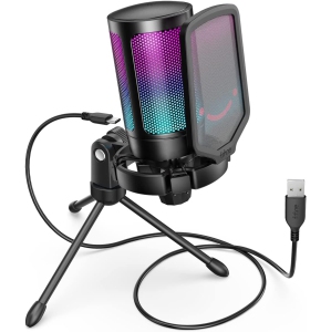 Fifine USB Gaming Microphone for PC PS5, RGB Condenser Mic with Quick Mute
