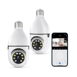 NIERBO 2 Pack Light Bulb Security Camera WiFi Outdoor, 1080P Smart 360 Degree Screw in Light Socket Camera with Two Way Audio Color Night Vision Motion Detection Alarm