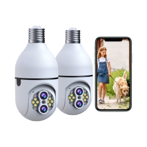 NIERBO 2 Pack Wireless Light Bulb Security Cameras - 10X Hybrid Zoom 2.4Ghz Wifi 360° Pan/tilt Panoramic Dual Lens Outdoor Light Socket Camera Real-time Motion Detection Alerts