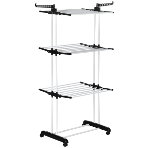 HOMCOM Foldable Clothes Drying Rack, 4-Tier Steel Laundry Rack for Drying Clothes with 2 Side Wings and 4 Castors, Indoor and Outdoor Use, Black