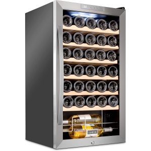 Schmecke 34 Bottle Freestanding Wine Fridge, Wine Cooler with Lock, Stainless Steel