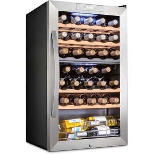 Schmecke 33 Bottle Freestanding Wine Fridge with Lock, Dual Zone Wine Cooler, Stainless Steel