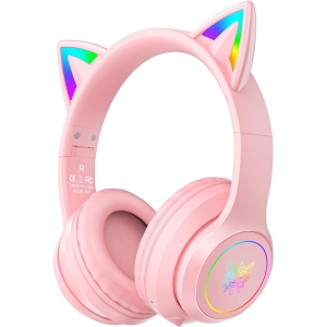 ULTREND Bluetooth Kids Wireless Foldable Over-Ear Headphones with Microphone, Cat Ear LED Light Up and 85dB Volume, for iPhone/iPad/Laptop/PC (Pink)