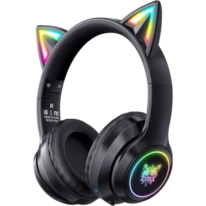 ULTREND Bluetooth Kids Wireless Foldable Over-Ear Headphones with Microphone, Cat Ear LED Light Up and 85dB Volume, for iPhone/iPad/Laptop/PC (Black)