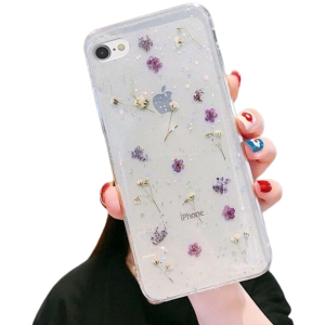 For Apple iPhone 7 Plus / 8 Plus Purple Smart Shockproof Dry Flower Glitter Case TPU Back Cover