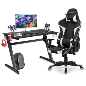 Goplus Z-Shaped Racing Style Desk & Massage Gaming Chair Set for Home Office