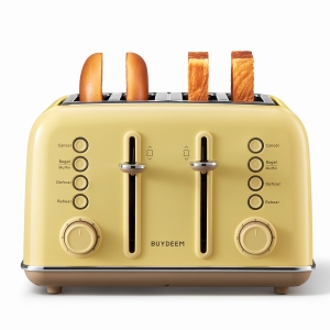 BUYDEEM DT640 4 Slice Toaster, Extra Wide Slots, Retro Stainless Steel with High Lift Lever, Bagel and Muffin Function, Removal Crumb Tray, 7-Shade Settings