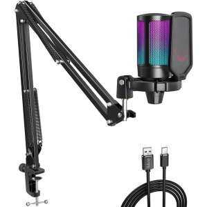 Fifine Kit de microphone USB RGB Gaming – Microphone à condensateur cardioïde avec bras articulé, bouton muet et support anti-choc pour streaming, PC, PS5, YouTube, enregistrement musical