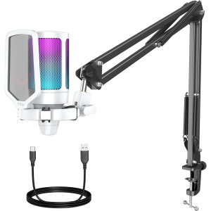 Fifine Gaming Microphone for PC Computer, USB Streaming Condenser Mic Kit with RGB, Quick Mute, Gain Knob, Boom Arm Stand, Pop Filter for Recording and Podcasting.