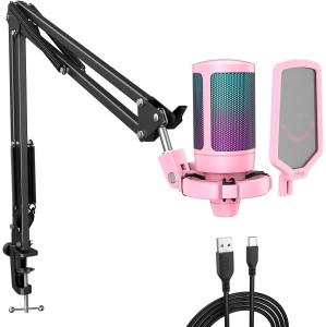 Fifine RGB Gaming USB Microphone Kit – Cardioid Condenser Mic with Boom Arm, Mute Button & Shock Mount for Streaming, PC, PS5, YouTube, Music Recording